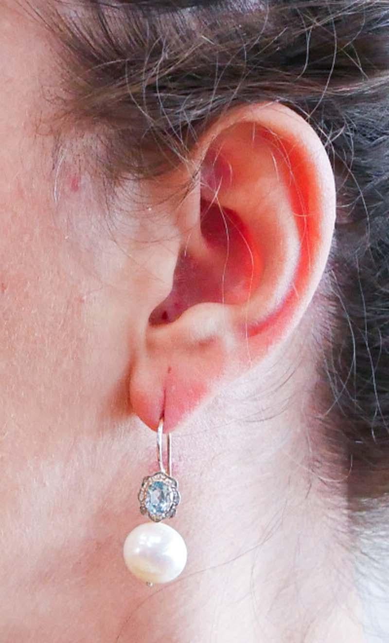 Orecchini 13 Mm 3Perle, acquamarina, diamanti, oro rosa e argento. In condizioni Nuovo in vendita a Marcianise, Marcianise (CE)