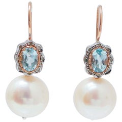 Orecchini 13 Mm 3Perle, acquamarina, diamanti, oro rosa e argento.