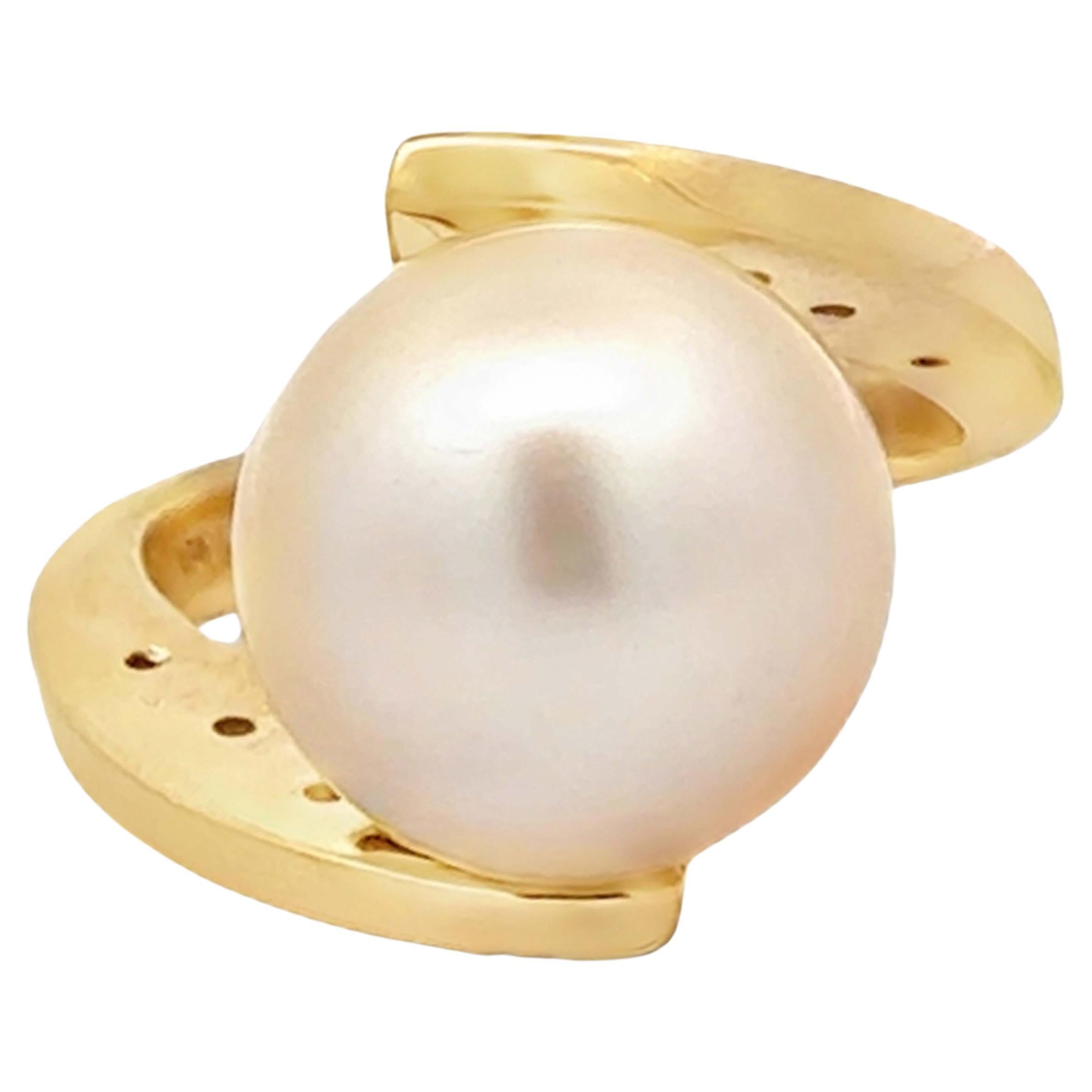 13 MM Gold Pearl Diamond Ring 18k Yellow Gold
