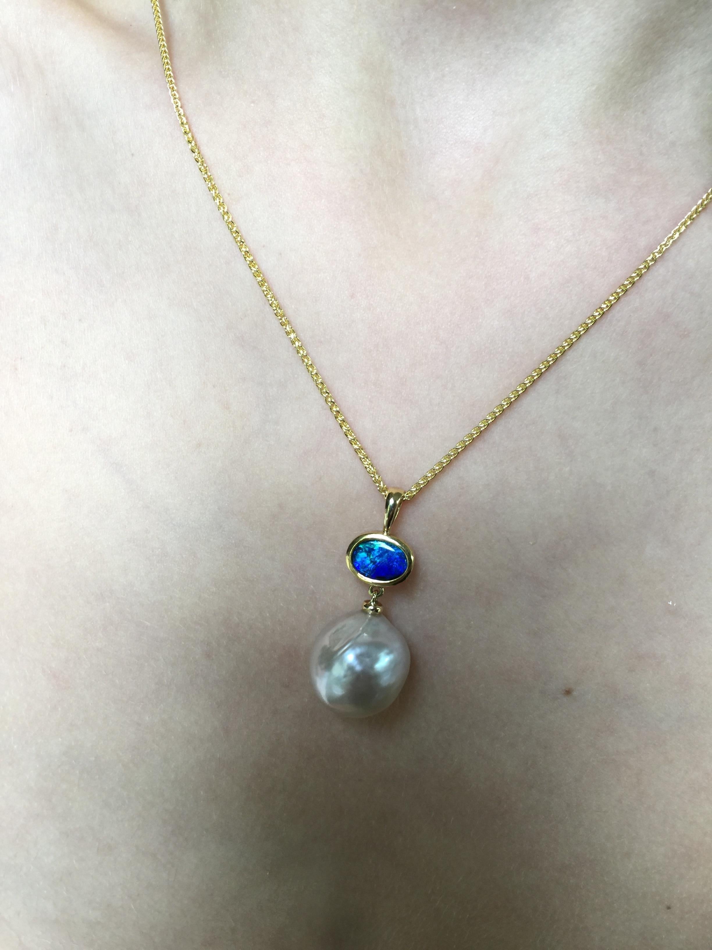 Women's or Men's 13 mm Kasumi Pearl, Solid Australian Opal and 18 Karat Gold Pendant Necklace