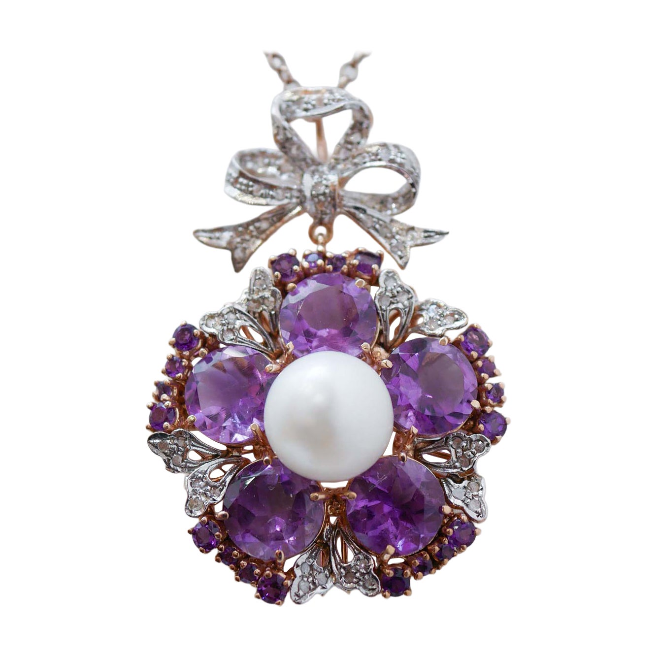 13 Mm Pearl, Amethysts, Diamonds, Rose Gold and Silver Pendant. For Sale