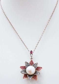 13 Mm Pearl, Rubies, Diamonds, 14 Karat Rose Gold and Silver Flower Pendant.