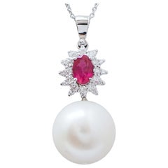 13 Mm Pearl, Ruby, Diamonds, 18 Karat White Gold Pendant Necklace.