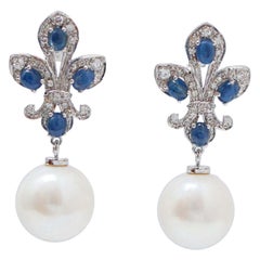 13 Mm Perle, Saphire, Diamanten, 14 Karat Weißgold Ohrringe.
