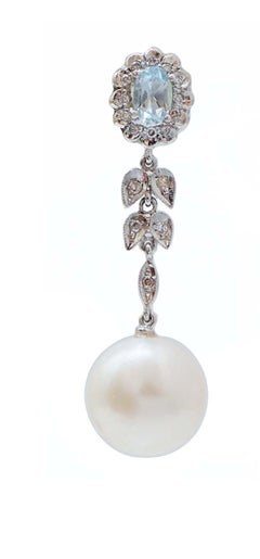 13 Mm Pearls, Aquamarine Colour Topaz, Diamonds, Platinum Earrings.