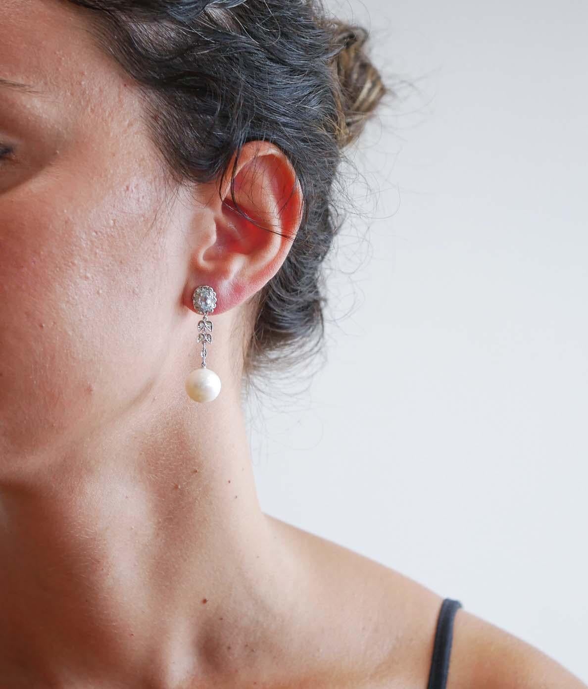 13 mm Perlen, Aquamarin-Topas, Diamanten, Platin-Ohrringe. (Gemischter Schliff) im Angebot