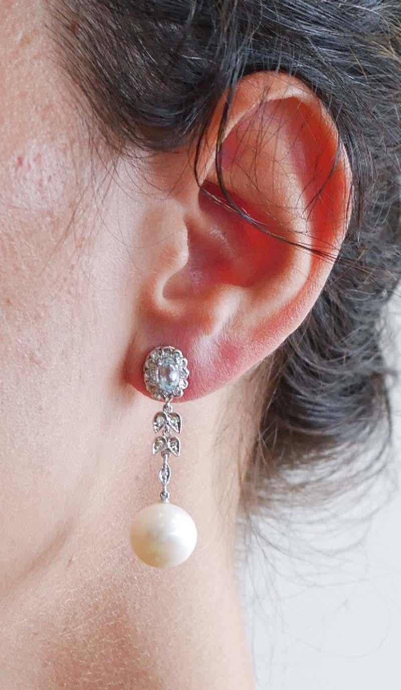 13 mm Perlen, Aquamarin-Topas, Diamanten, Platin-Ohrringe. im Zustand „Neu“ im Angebot in Marcianise, Marcianise (CE)