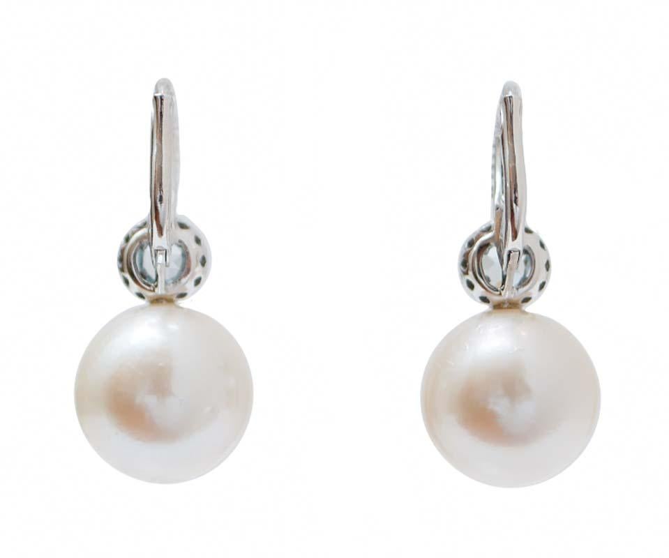 Modern 13 Mm Pearls, Aquamarine Colour Topazs, Diamonds, 18 Karat White Gold Earrings. For Sale
