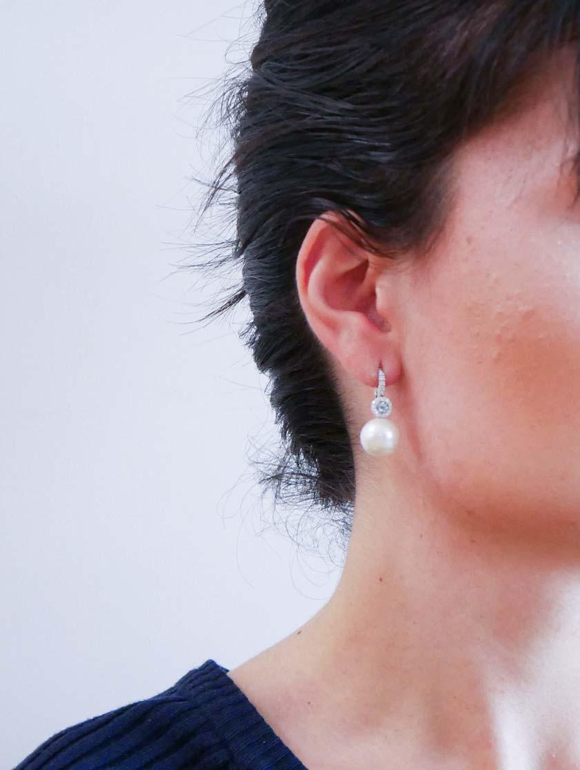 Mixed Cut 13 Mm Pearls, Aquamarine Colour Topazs, Diamonds, 18 Karat White Gold Earrings. For Sale