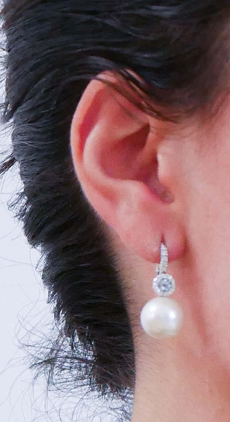 13 Mm Pearls, Aquamarine Colour Topazs, Diamonds, 18 Karat White Gold Earrings. In New Condition For Sale In Marcianise, Marcianise (CE)