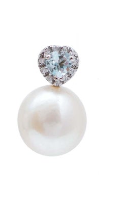 13 Mm Pearls, Aquamarine, Diamonds, 18 Karat White Gold Earrings.