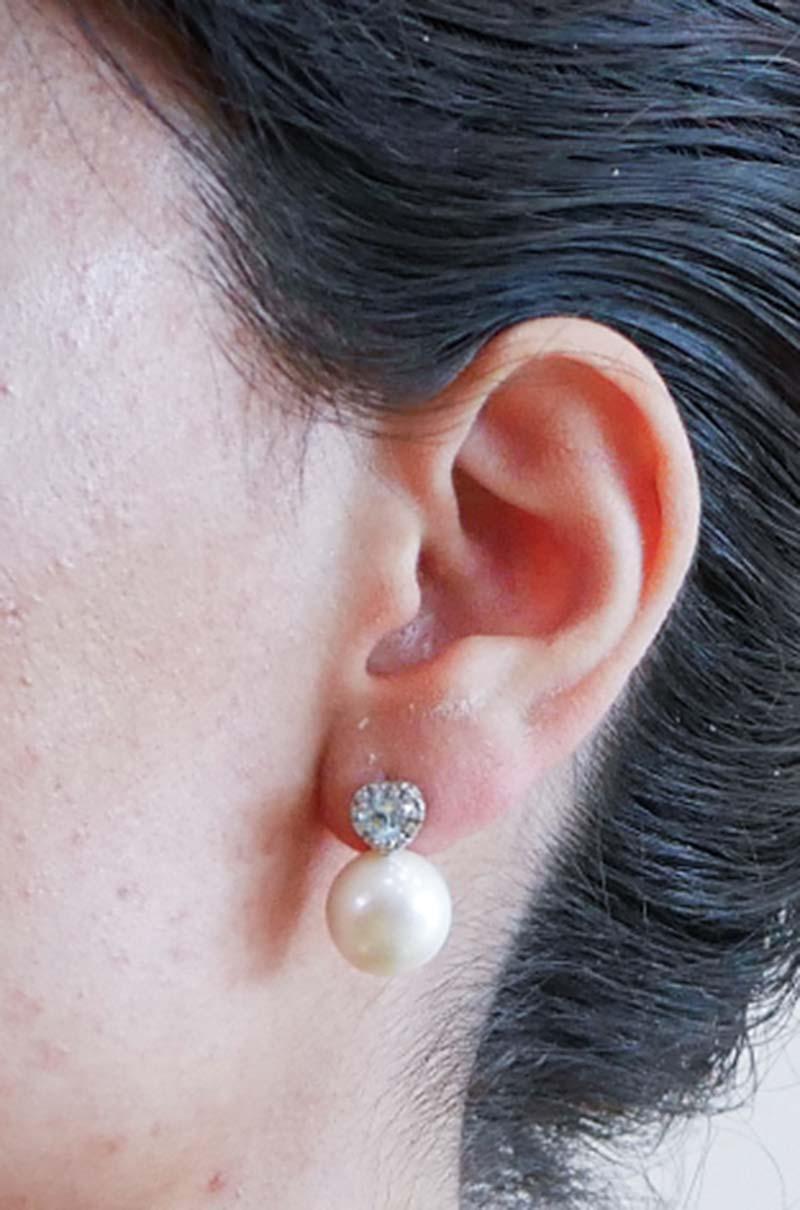 13 Mm Pearls, Aquamarine, Diamonds, 18 Karat White Gold Earrings. In Good Condition For Sale In Marcianise, Marcianise (CE)