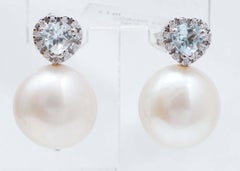 13 Mm Pearls, Aquamarine, Diamonds, 18 Karat White Gold Earrings.