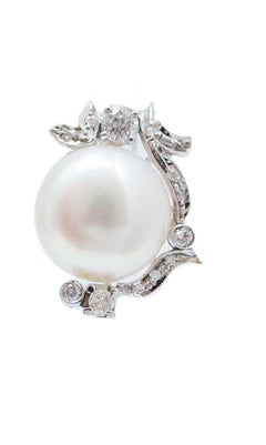 13 Mm Pearls, Diamonds, 14 Karat White Gold Earrings.