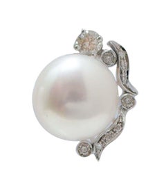 13 Mm Pearls, Diamonds, 14 Karat White Gold Earrings.