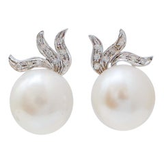 Vintage 13 Mm Pearls, Diamonds, 14 Karat White Gold Earrings.