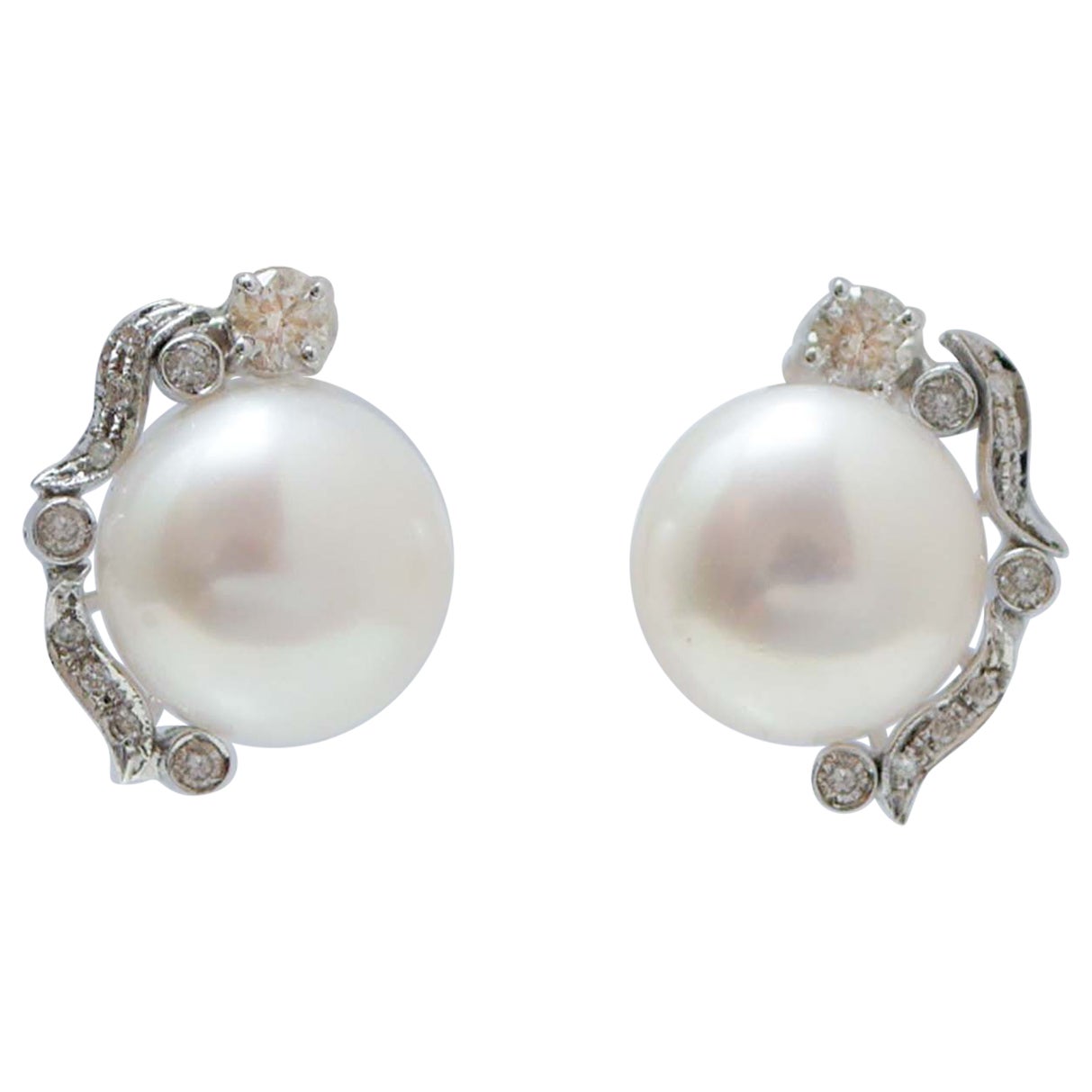 13 Mm Pearls, Diamonds, 14 Karat White Gold Earrings.