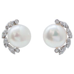 13 Mm Pearls, Diamonds, 14 Karat White Gold Earrings.