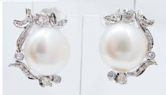 13 Mm Pearls, Diamonds, 14 Karat White Gold Earrings.