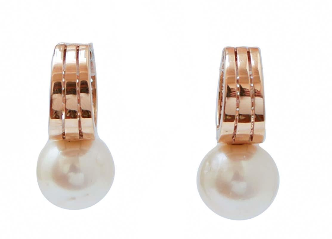 Moderno Orecchini con perle da 13 mm, diamanti e oro rosa da 18 carati. in vendita