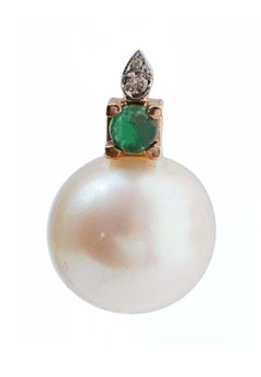 13 Mm Pearls, Diamonds, Emeralds, 14 Karat Rose Gold Earrings