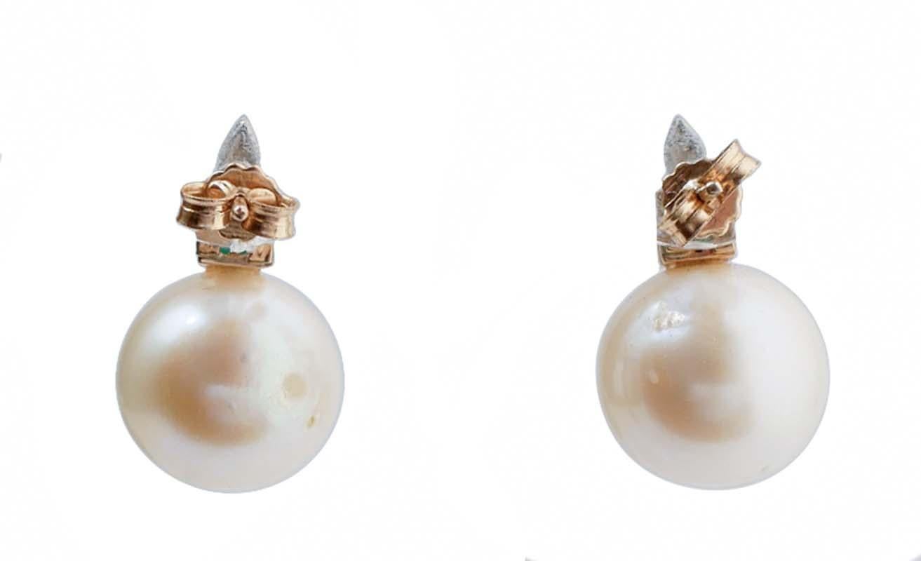 Rétro Orecchini da 13 mm con perle, diamanti, smeraldi e oro rosa 14 carati in vendita