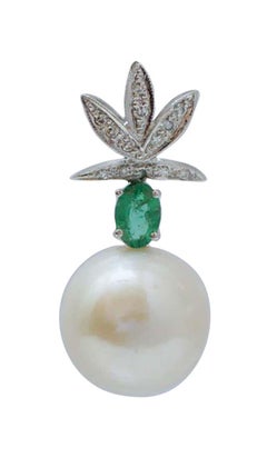 13 Mm Pearls, Diamonds, Emeralds, Platinum Earrings.