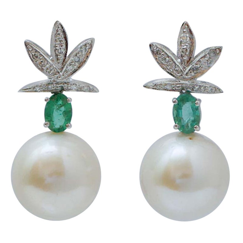 13 Mm Pearls, Diamonds, Emeralds, Platinum Earrings.