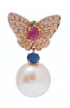 13 Mm Pearls, Diamonds, Rubies, Sapphires, Emeralds, 14 Kt Rose  Gold Earrings