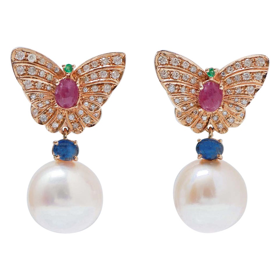 13 Mm Pearls, Diamonds, Rubies, Sapphires, Emeralds, 14 Kt Rose  Gold Earrings For Sale