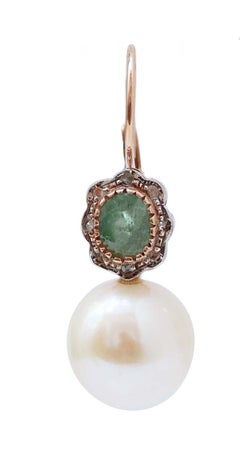 13 Mm Pearls, Emeralds, Diamonds, Rose Gold and Silver Earrings.