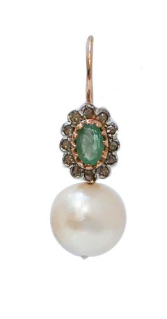13 Mm Pearls, Emeralds, Diamonds, Rose Gold and Silver Earrings.