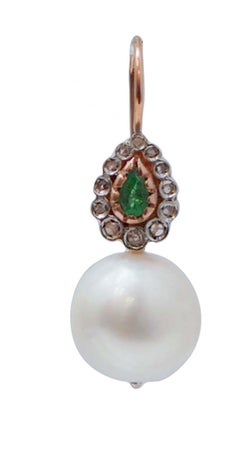 13 Mm Pearls, Emeralds, Diamonds, Rose Gold and Silver Earrings.