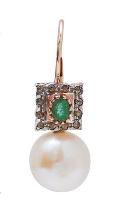 13 Mm Pearls, Emeralds, Diamonds, Rose Gold and Silver Earrings.