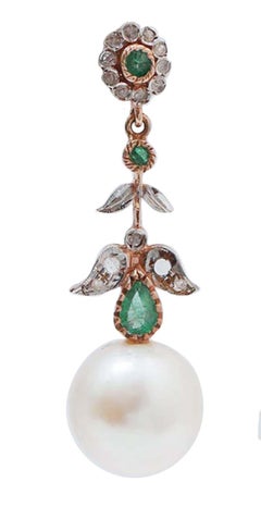 13 Mm Pearls, Emeralds, Diamonds, Rose Gold and Silver Earrings.