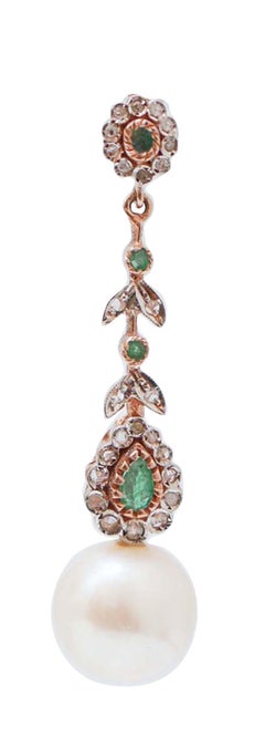 13 Mm Pearls, Emeralds, Diamonds, Rose Gold and Silver Earrings.
