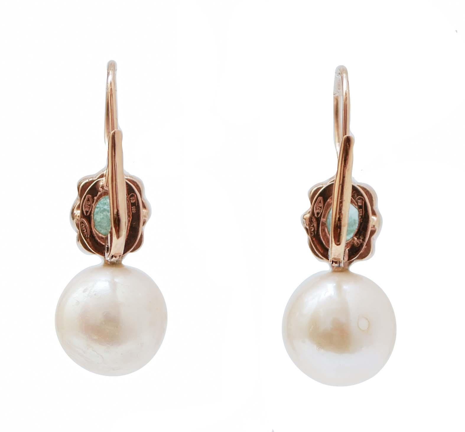 Retro 13 Mm Pearls, Emeralds, Diamonds, Rose Gold and Silver Earrings. For Sale