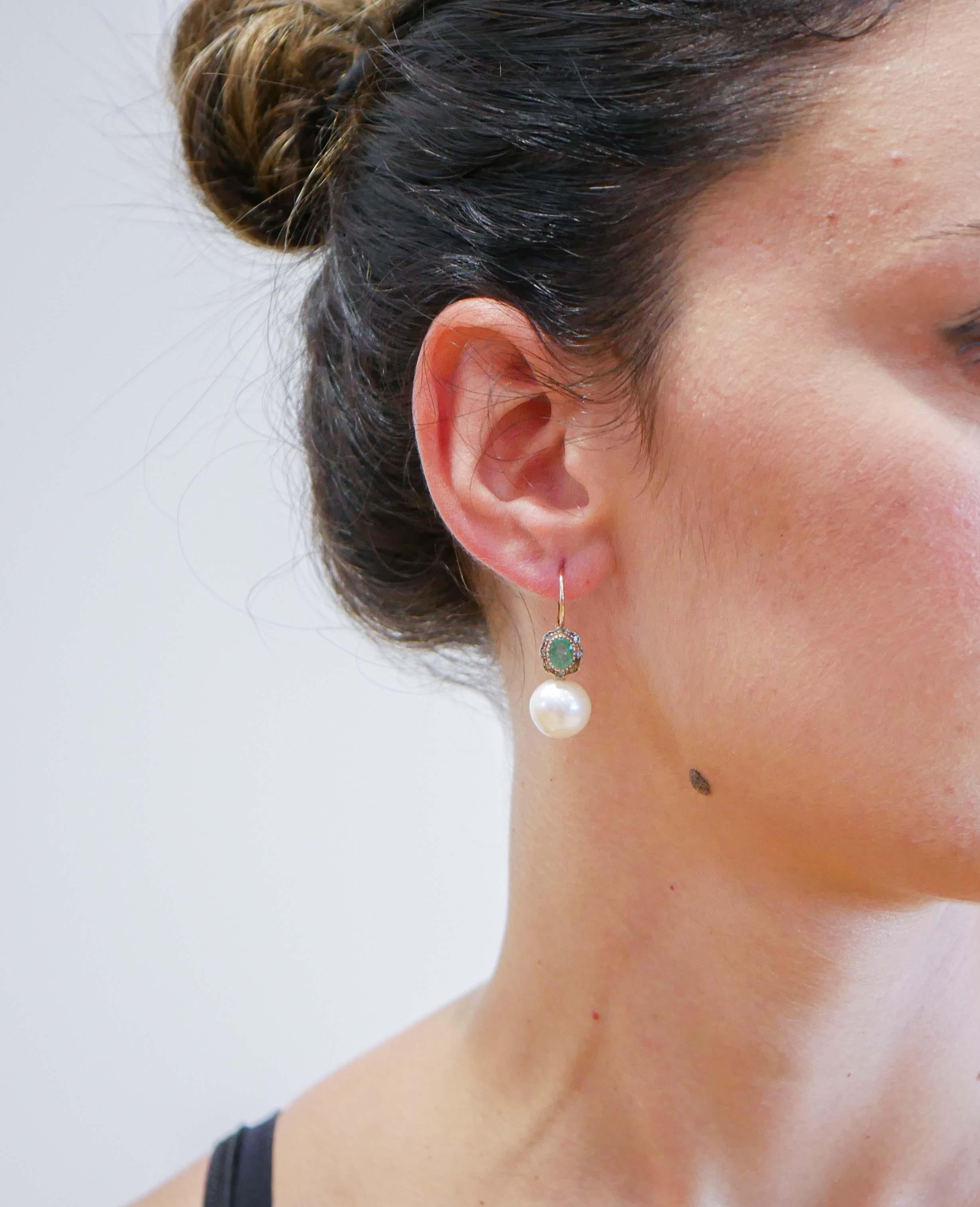 Mixed Cut 13 Mm Pearls, Emeralds, Diamonds, Rose Gold and Silver Earrings. For Sale