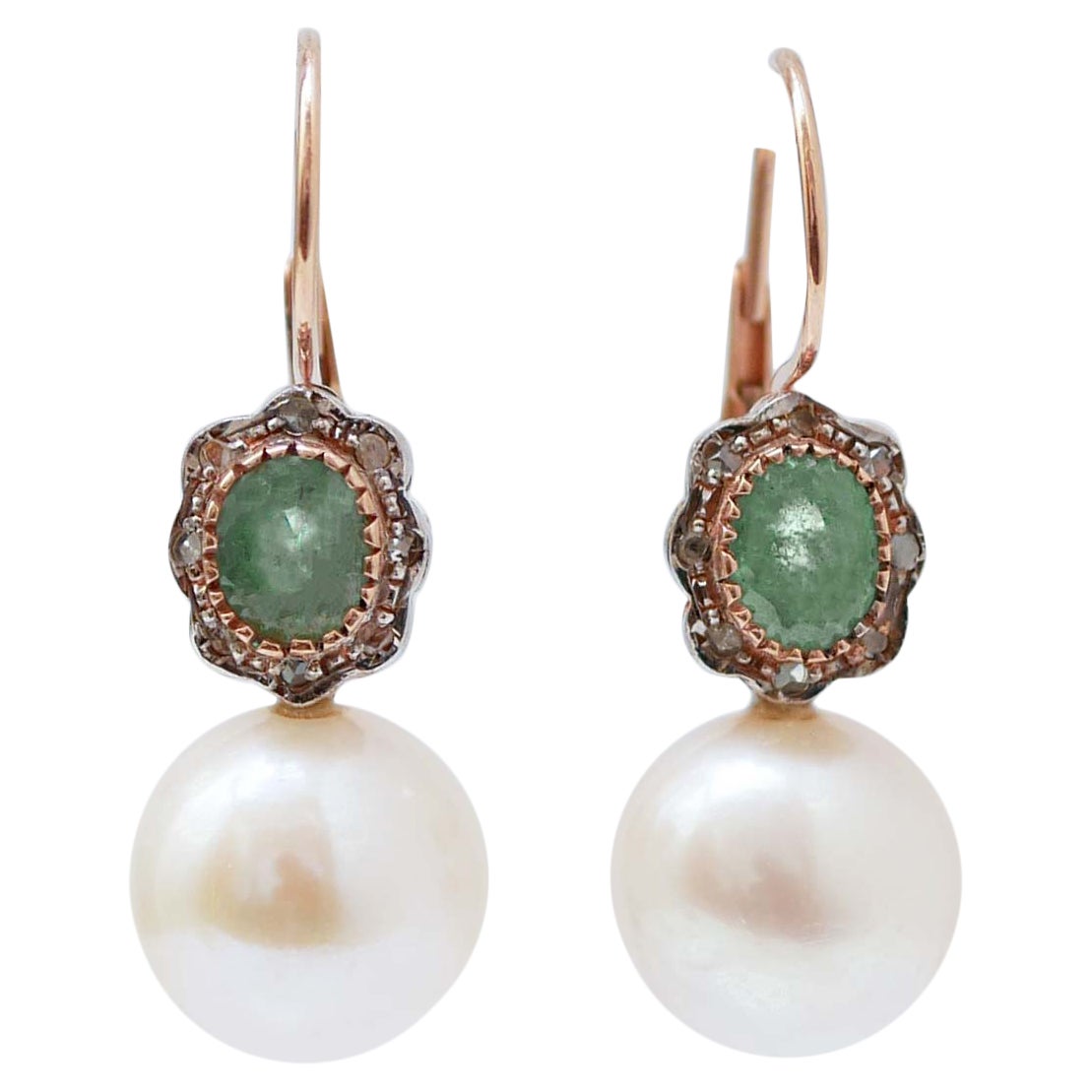 Boucles d'oreilles en argent et or rose 13 mm perles, émeraudes, diamants
