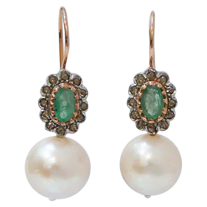 13 Mm Pearls, Emeralds, Diamonds, Rose Gold and Silver Earrings.