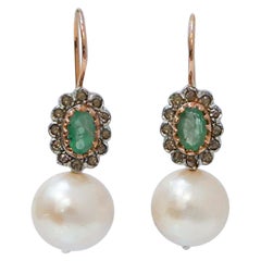 13 Mm Pearls, Emeralds, Diamonds, Rose Gold and Silver Earrings.