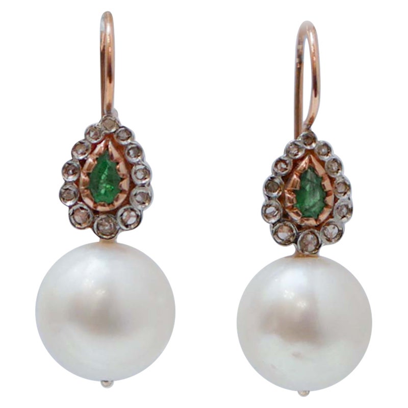 13 Mm Pearls, Emeralds, Diamonds, Rose Gold and Silver Earrings. For Sale