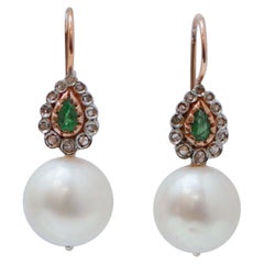 13 Mm Pearls, Emeralds, Diamonds, Rose Gold and Silver Earrings.