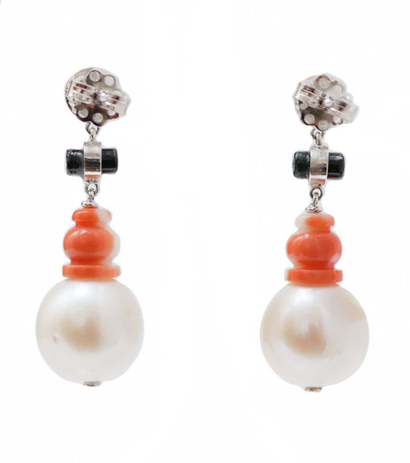 Retro 13 Mm Pearls, Onyx, Coral, Diamonds, Platinum Earrings.