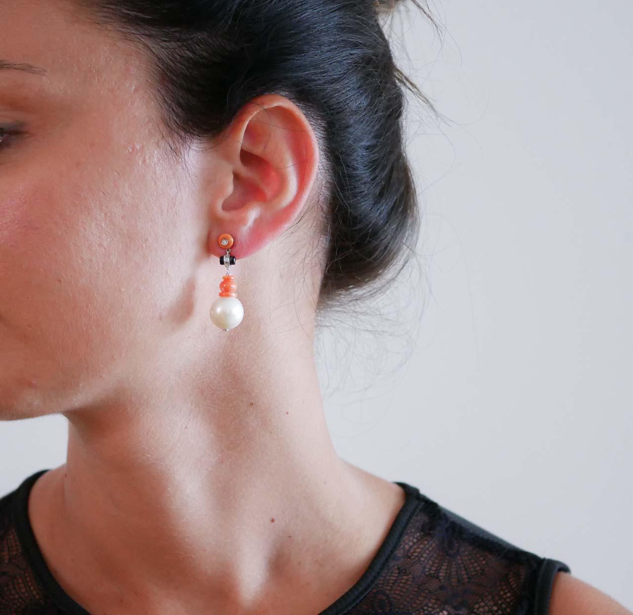 Mixed Cut 13 Mm Pearls, Onyx, Coral, Diamonds, Platinum Earrings.