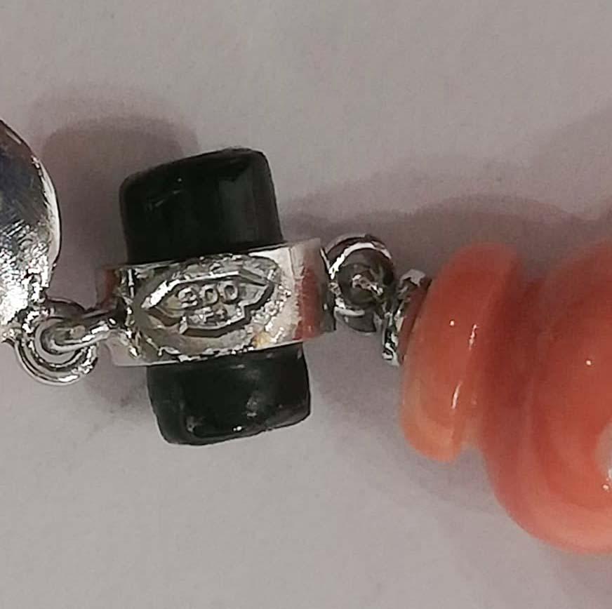Women's 13 Mm Pearls, Onyx, Coral, Diamonds, Platinum Earrings.