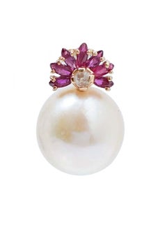 13 Mm Pearls, Rubies, Diamonds, 14 Karat Rose Gold Earrings.