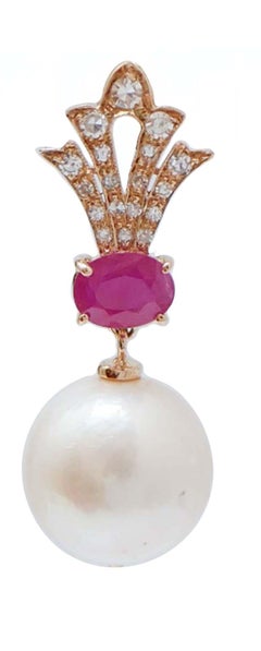 13 Mm Pearls, Rubies, Diamonds, 14 Karat Rose Gold Earrings.