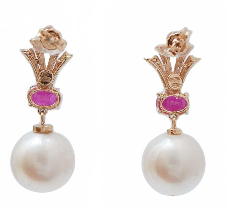 Pendientes de perlas de 13 mm, rubíes, diamantes y oro rosa de 14 quilates. Retro