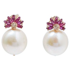 13 Mm Pearls, Rubies, Diamonds, 14 Karat Rose Gold Earrings.